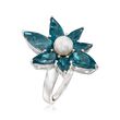 6mm Cultured Pearl and 7.10 ct. t.w. Blue Topaz Abstract Flower Ring in Sterling