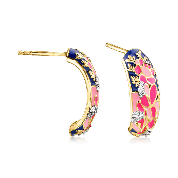 Multicolored Enamel and .10 ct. t.w. White Topaz Floral J-Hoop Earrings in 18kt Gold Over Sterling