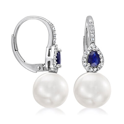 9-9.5mm Cultured Pearl Drop Earrings with .36 ct. t.w. Sapphires and .12 ct. t.w. Diamonds in 14kt White Gold