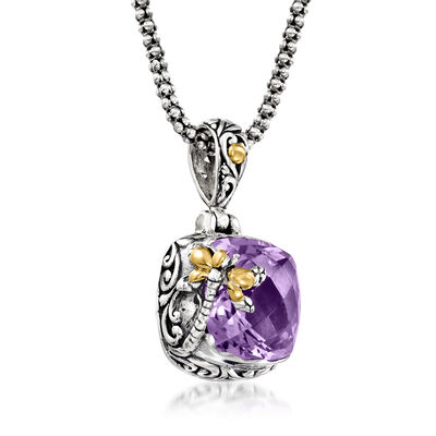 8.00 Carat Amethyst Bali-Style Dragonfly Pendant Necklace in Sterling Silver and 18kt Yellow Gold