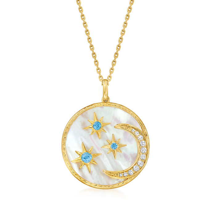Mother-of-Pearl and .50 ct. t.w. White and Swiss Blue Topaz Moon and Stars Pendant Necklace in 18kt Gold Over Sterling