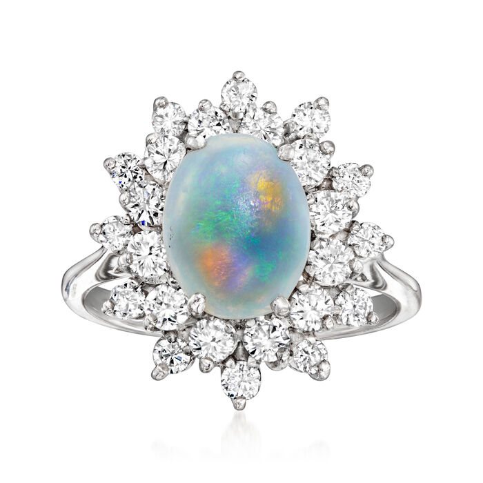 C. 1980 Vintage Opal and 1.15 ct. t.w. Diamond Ring in 18kt White Gold