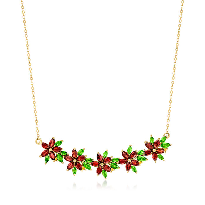 4.20 ct. t.w. Garnet and 2.20 ct. t.w. Chrome Diopside Flower Necklace with Citrine Accents in 18kt Gold Over Sterling