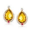 C. 1980 Vintage 22.50 ct. t.w. Citrine, .90 ct. t.w. Diamond and .40 ct. t.w. Ruby Earrings in 18kt Yellow Gold