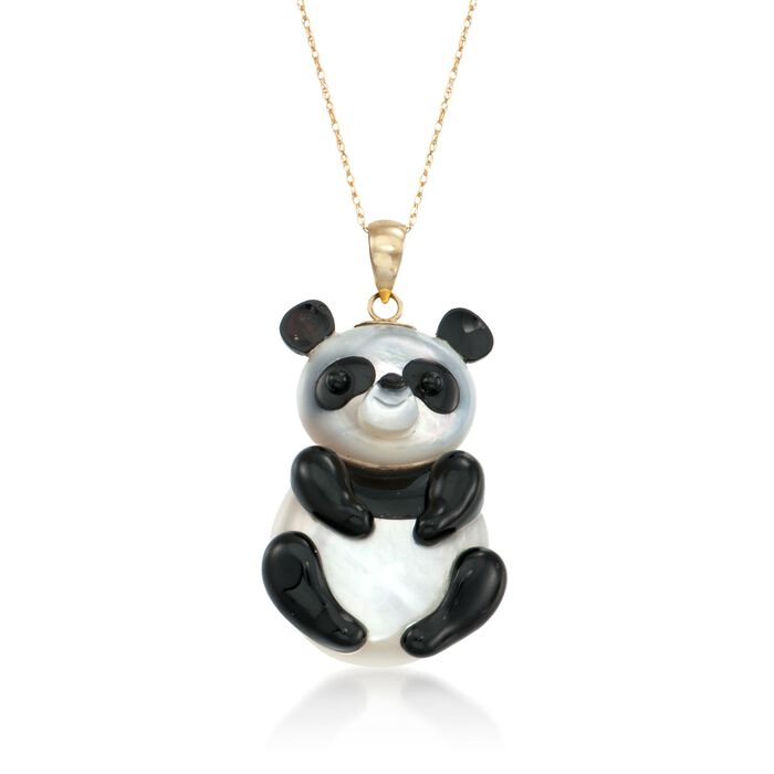 Black Agate and Mother-Of-Pearl Panda Pendant Necklace in 14kt Yellow Gold 