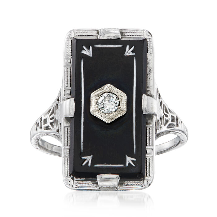 C. 1950 Vintage Onyx Filigree Ring with Diamond Accent in 14kt White Gold