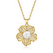 8mm Cultured Pearl Openwork Flower Pendant Necklace in 18kt Gold Over Sterling