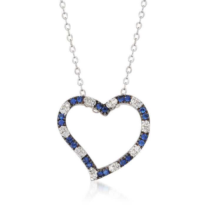 C. 1990 Vintage .40 ct. t.w. Sapphire and .25 ct. t.w. Diamond Heart Pendant Necklace in 14kt White Gold