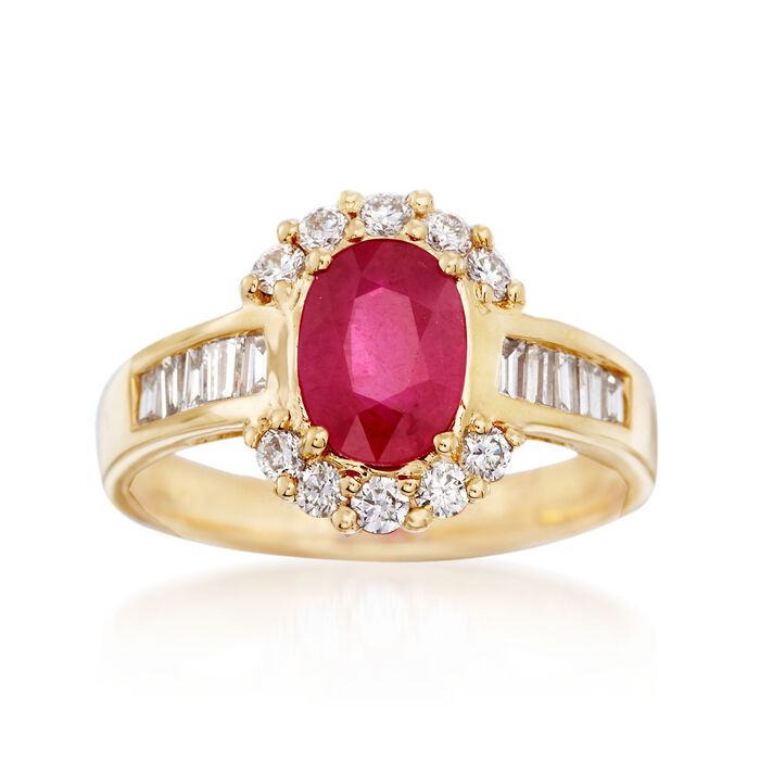 1.50 Carat Ruby and .65 ct. t.w. Diamond Halo Ring in 14kt Yellow Gold