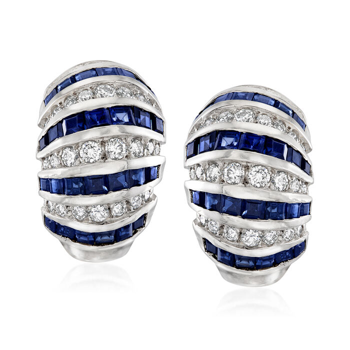 C. 1980 Vintage 3.00 ct. t.w. Sapphire and 2.50 ct. t.w. Diamond Striped Earrings in 18kt White Gold