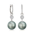 11-12mm Black Cultured Tahitian Pearl and .38 ct. t.w. Diamond Removable Hoop Drop Earrings in 18kt White Gold