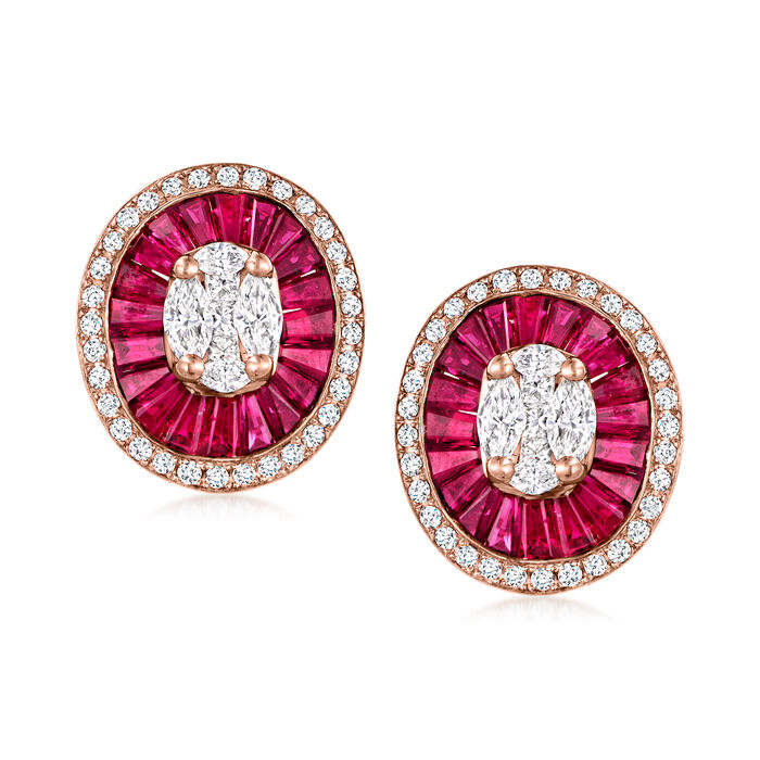 1.90 ct. t.w. Ruby and .65 ct. t.w. Diamond Oval Cluster Earrings in 18kt Rose Gold