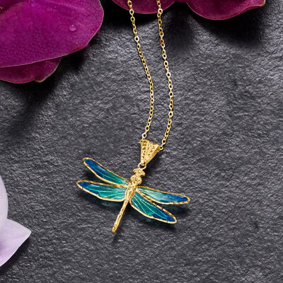 Italian Blue Enamel and 18kt Yellow Gold Dragonfly Pendant Necklace