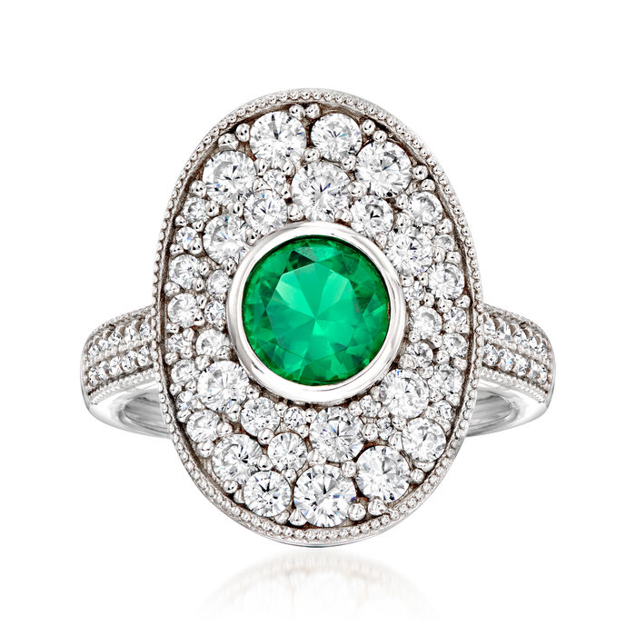 1.00 Carat Simulated Emerald and 1.10 ct. t.w. CZ Oval Ring in Sterling Silver