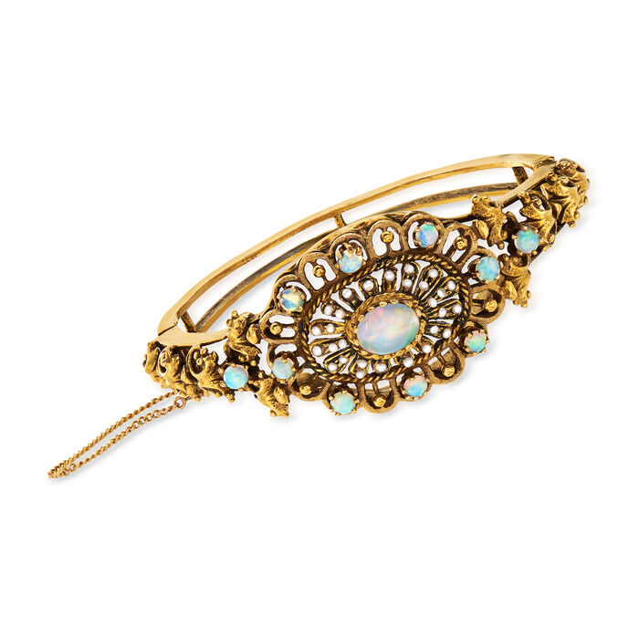 C. 1980 Vintage Opal and Seed Pearl Openwork Bangle Bracelet in 14kt Yellow Gold