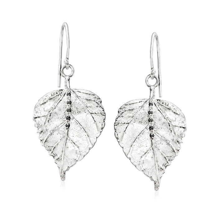 Sterling Silver Leaf Drop Earrings with Black Diamond Accents 