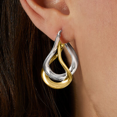 Italian Two-Tone Sterling Silver Curved Double-Hoop Earrings