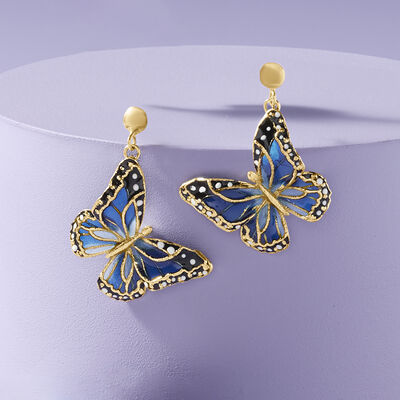 Italian Multicolored Enamel Butterfly Drop Earrings in 14kt Yellow Gold