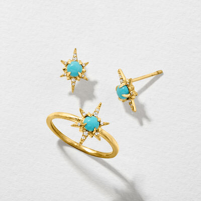 Turquoise Starburst Earrings with Diamond Accents in 14kt Yellow Gold