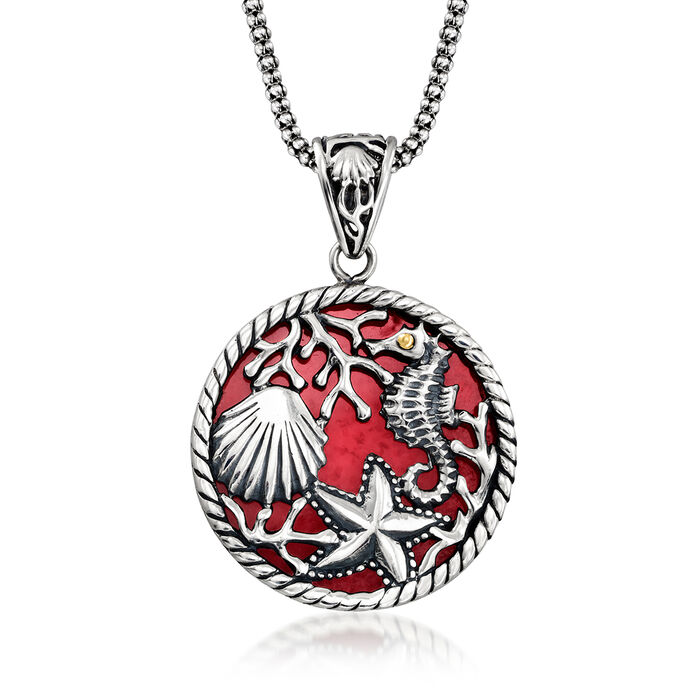 Red Coral Bali-Style Reversible Sea Life Pendant Necklace in Sterling Silver