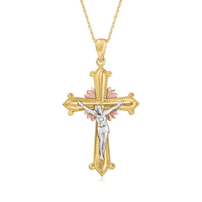 14kt Tri-Colored Gold Crucifix Pendant Necklace