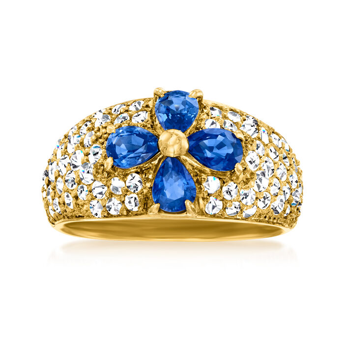 C. 1980 Vintage 1.10 ct. t.w. Sapphire and 1.00 ct. t.w. Diamond Flower Ring in 18kt Yellow Gold