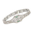 C. 1950 Vintage .40 ct. t.w. Diamond and .10 ct. t.w. Synthetic Emerald Filigree Bracelet in 14kt White Gold