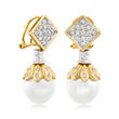 C. 1980 Vintage 13x12mm Cultured Pearl and 1.45 ct. t.w. Diamond Drop Earrings in 18kt Two-Tone Gold