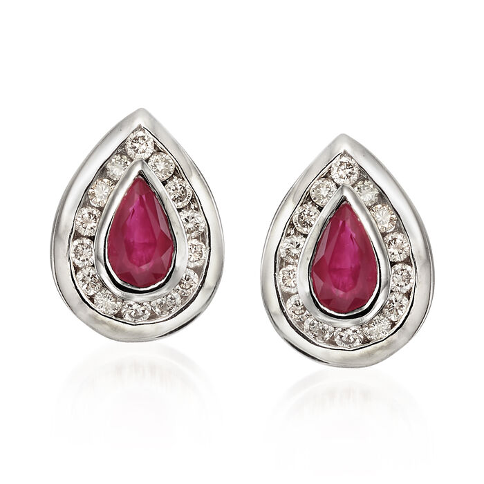 C. 1980 Vintage .40 ct. t.w. Ruby and .35 ct. t.w. Diamond Pear-Shaped Earrings in 14kt White Gold