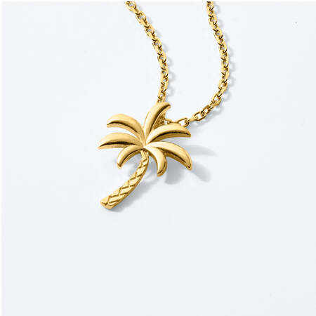Necklaces. Shop Now. image featuring a gold palm tree pendant necklace