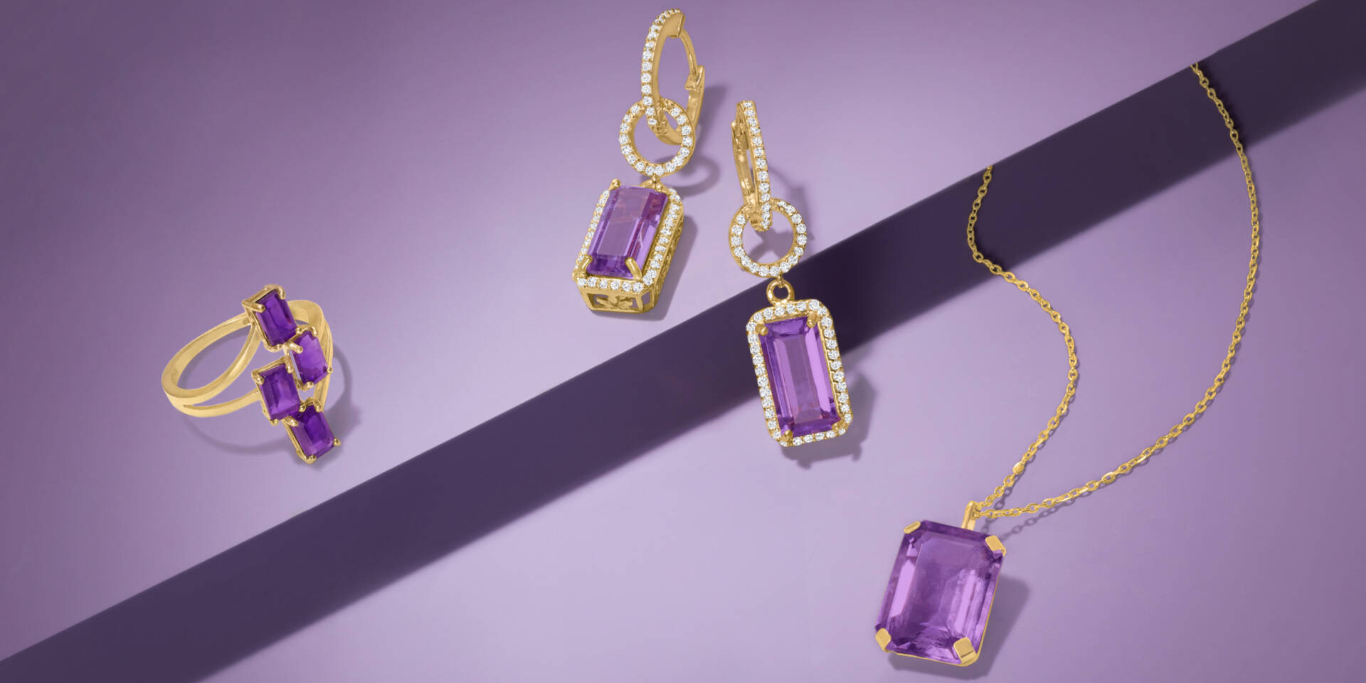 amethyst earrings, pendant, and ring