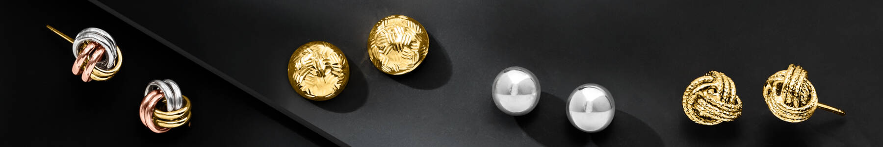Stud Earrings. image featuring 4 different types of gold stud earrings