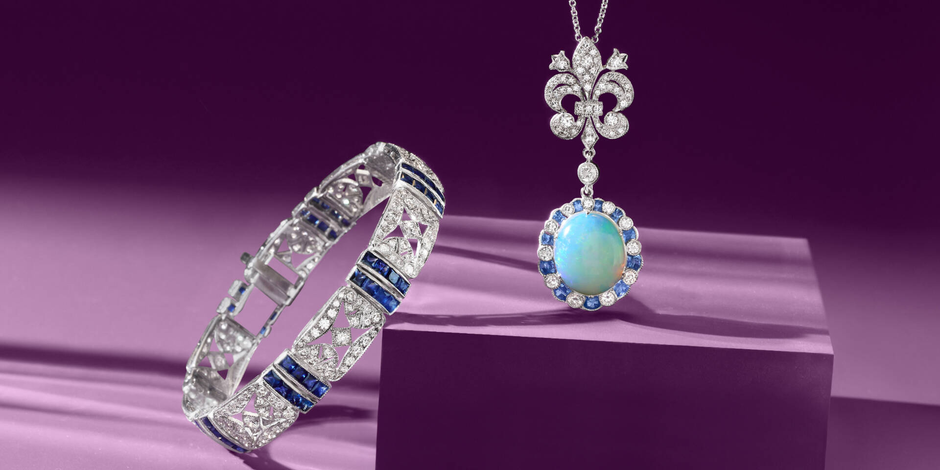 pendant necklace fleur de lis and sapphire bracelet