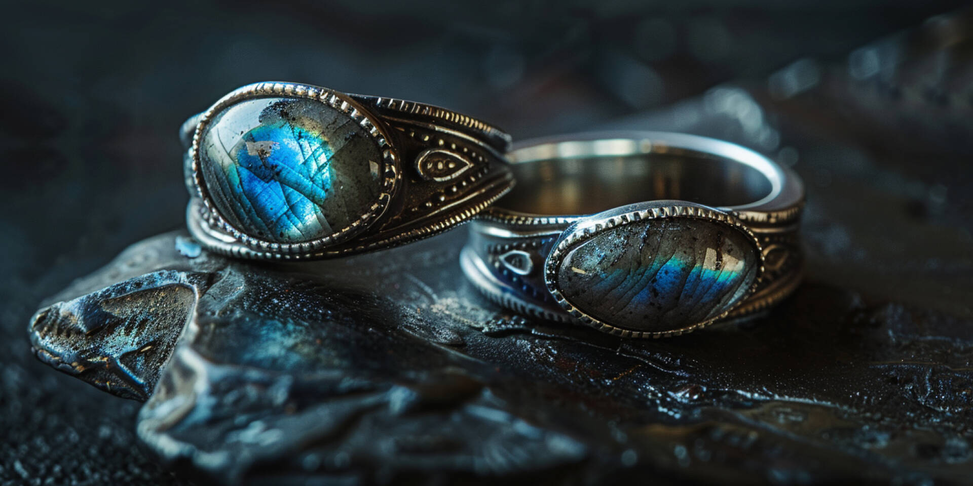 2 labradorite stone rings