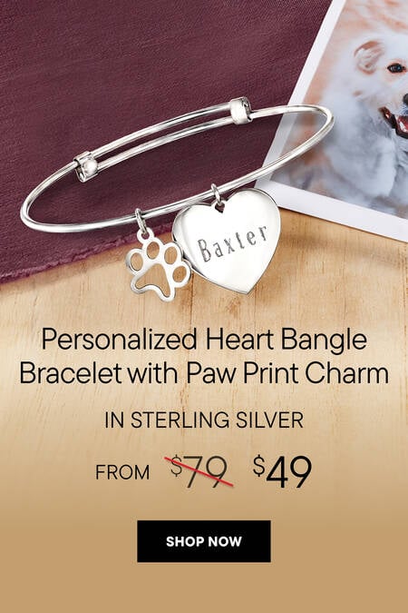 Personalized Heart Bangle Bracelet with Paw Print Charm