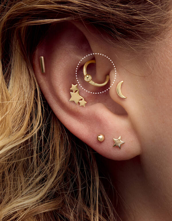 image featuring a model wearing a Daith gold hoop earring