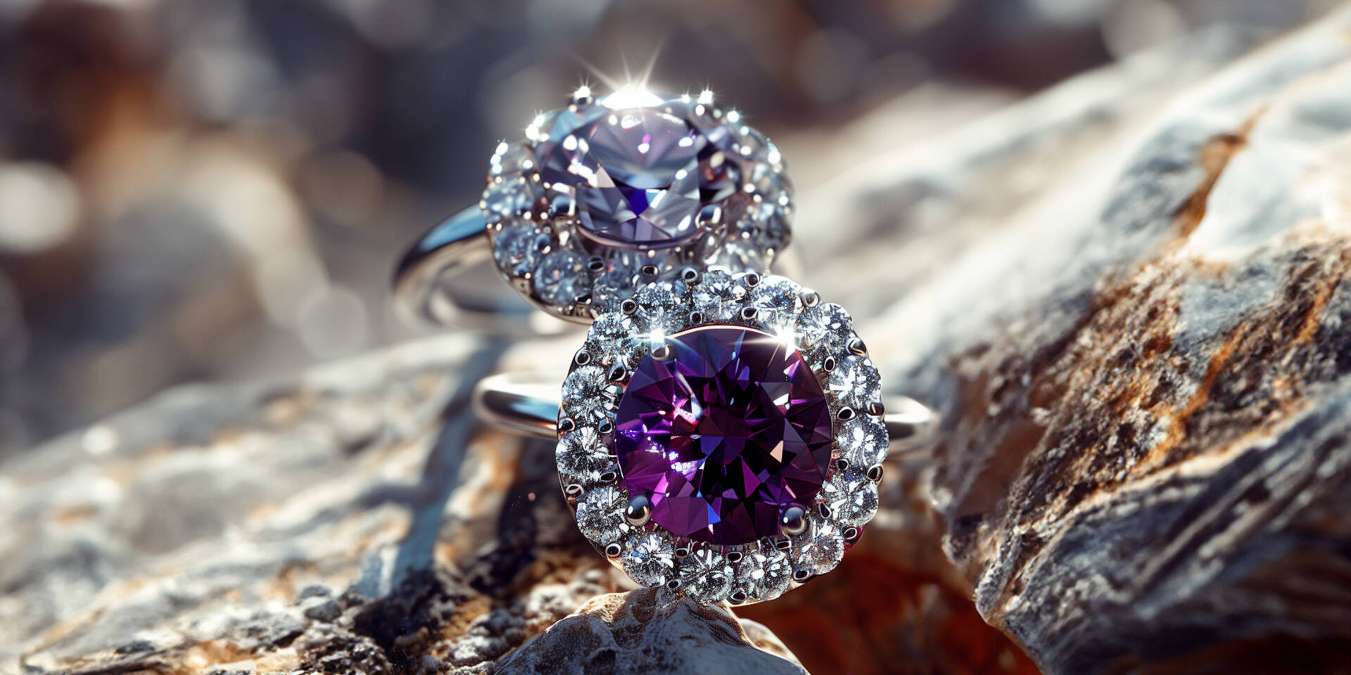 2 diamond halo rings with purple stone centers