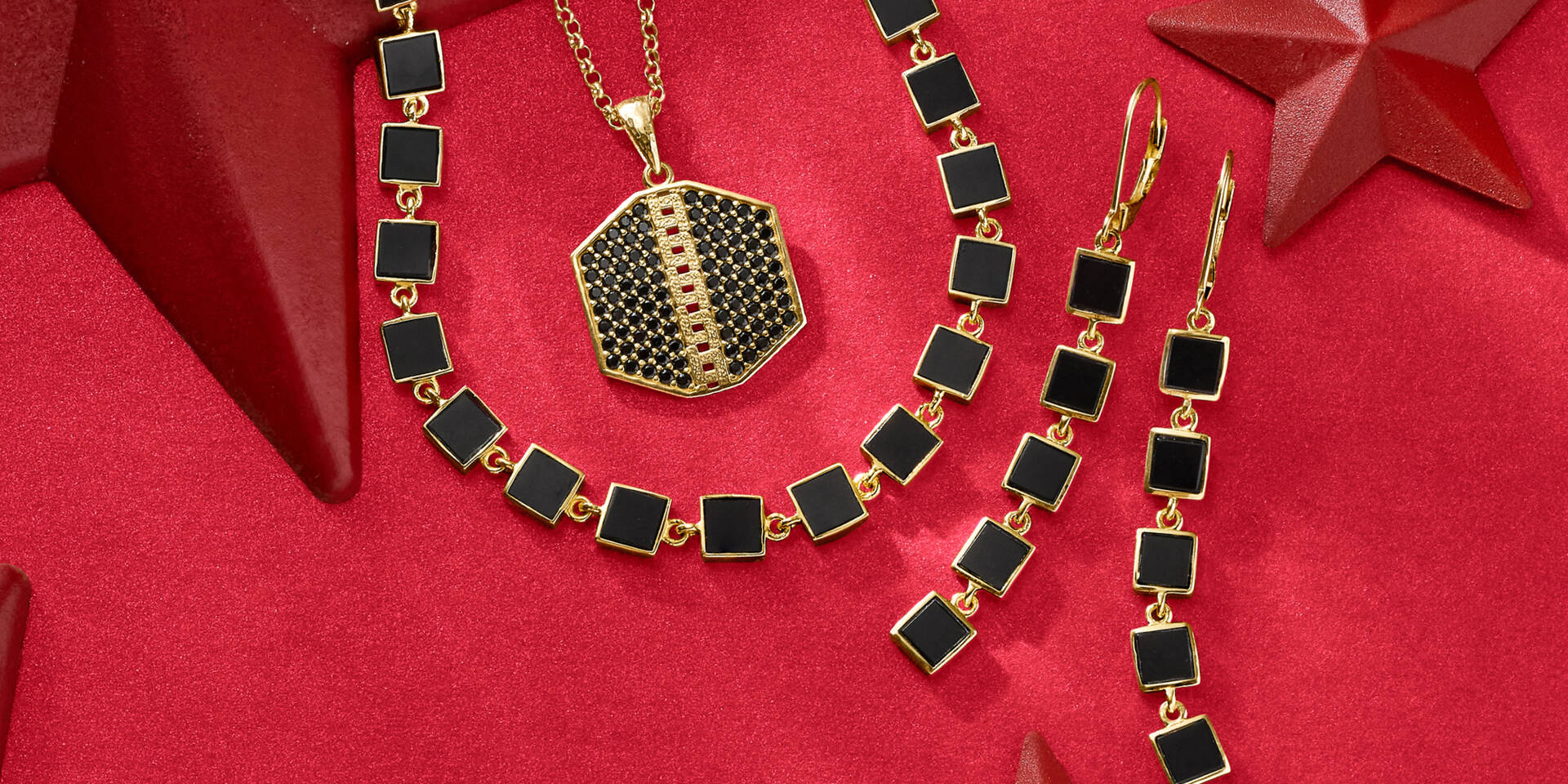 matching tiles onyx earrings, necklace, and pendant necklace