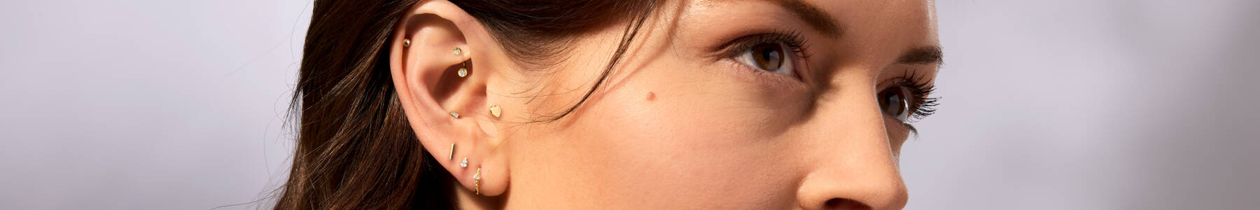 Image featuring a model wearing a large variety of earrings