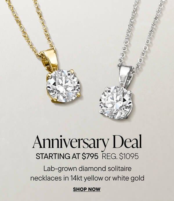 From $1095 Reg. $1995. 2.00 ct. lab-grown diamond solitaire necklace in 14kt yellow or white gold. Shop Now
