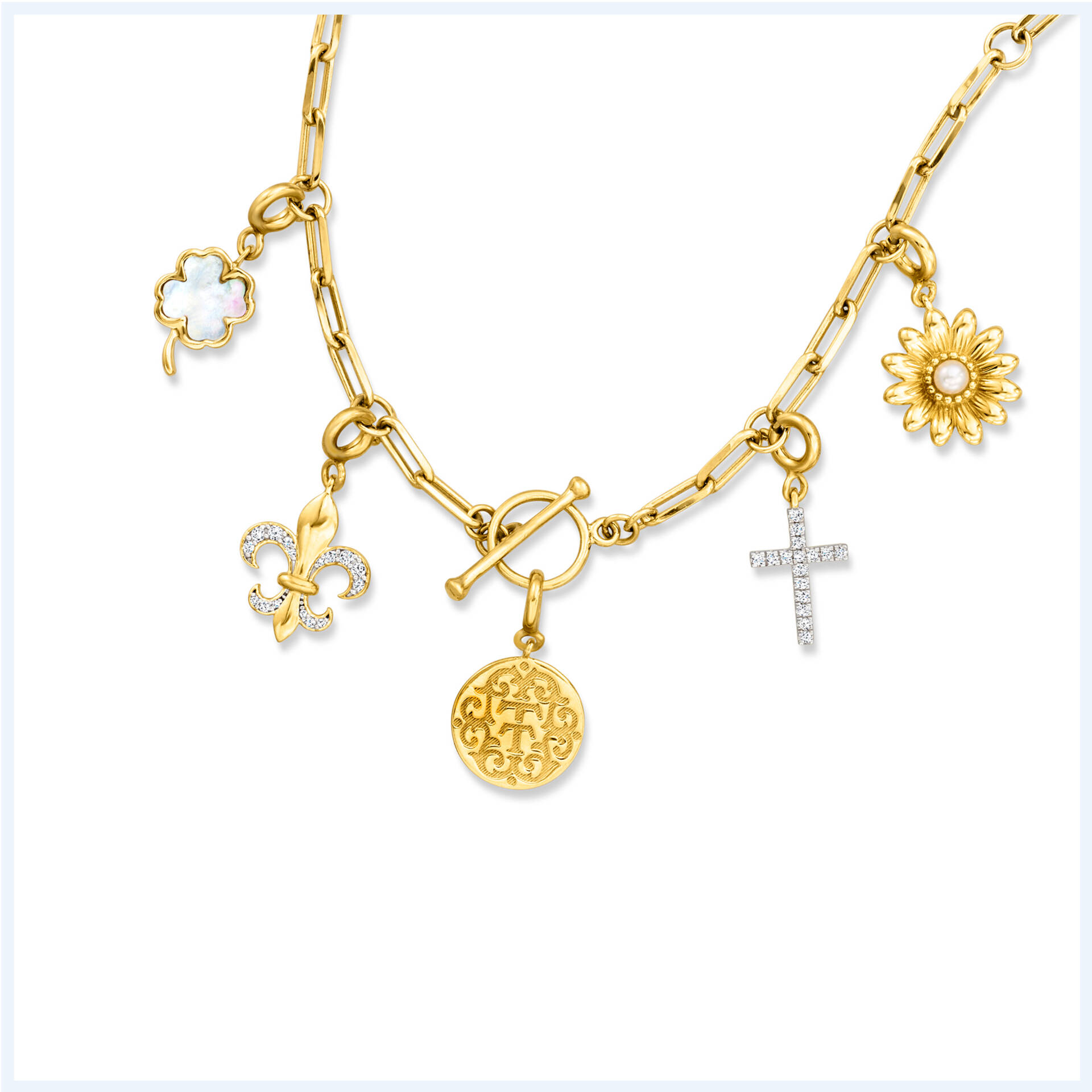 Necklaces. Shop Now. Image featuring a station Necklace with pearl flowers on a gold chain
