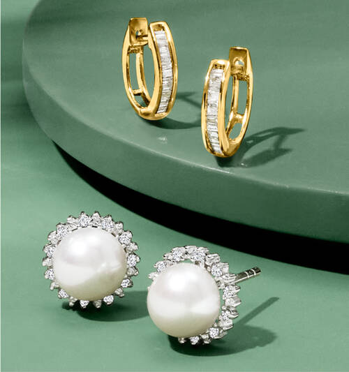 two pairs of earrings, diamond and gold, pearl and diamond