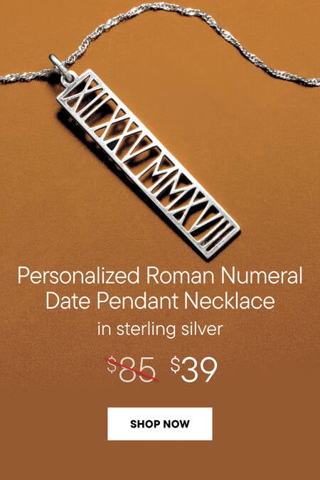 Personalized Roman Numeral Date Pendant Necklace in sterling silver. $39