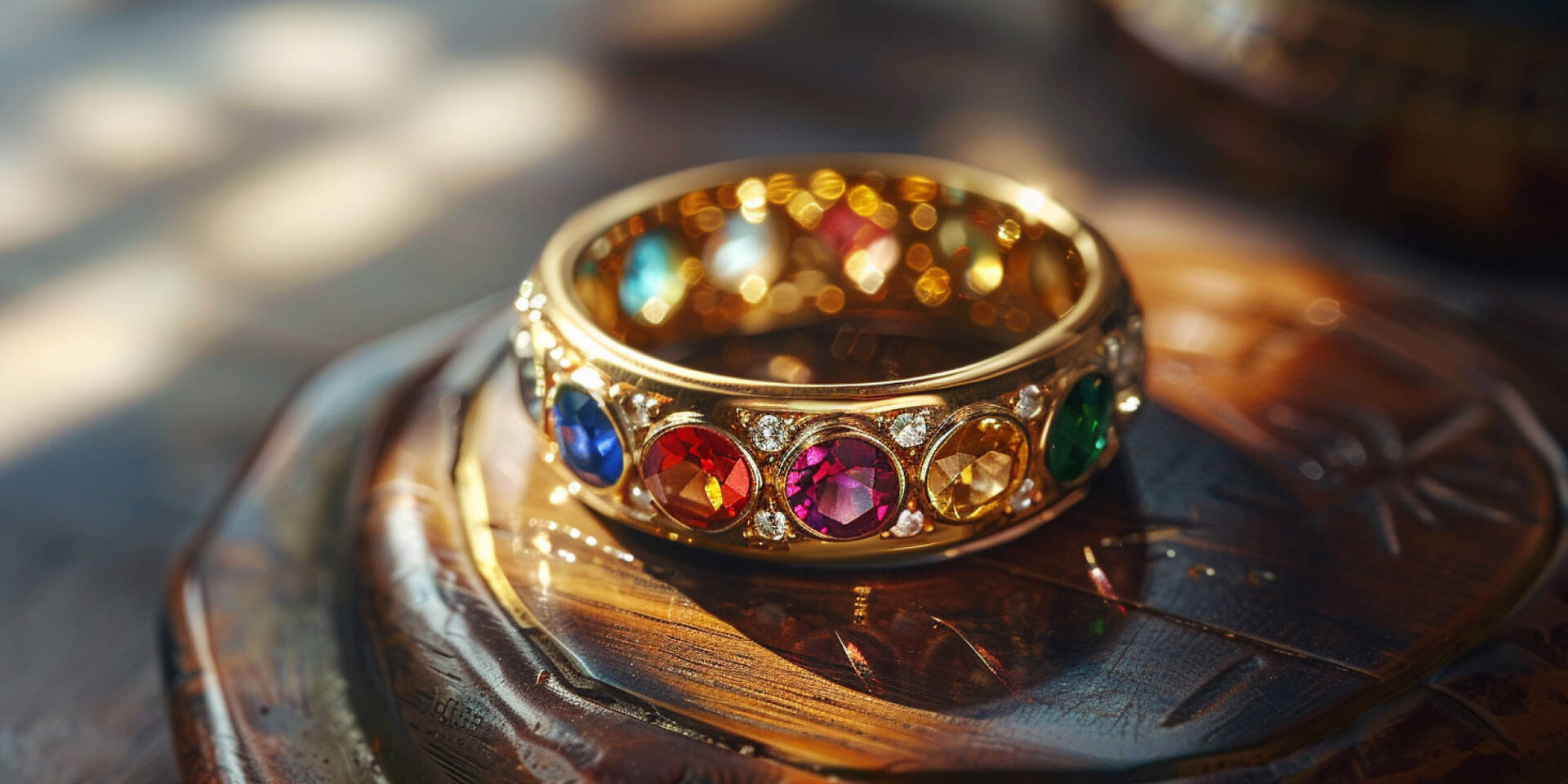 rainbow colored gemstones and diamond mounted on rinbg