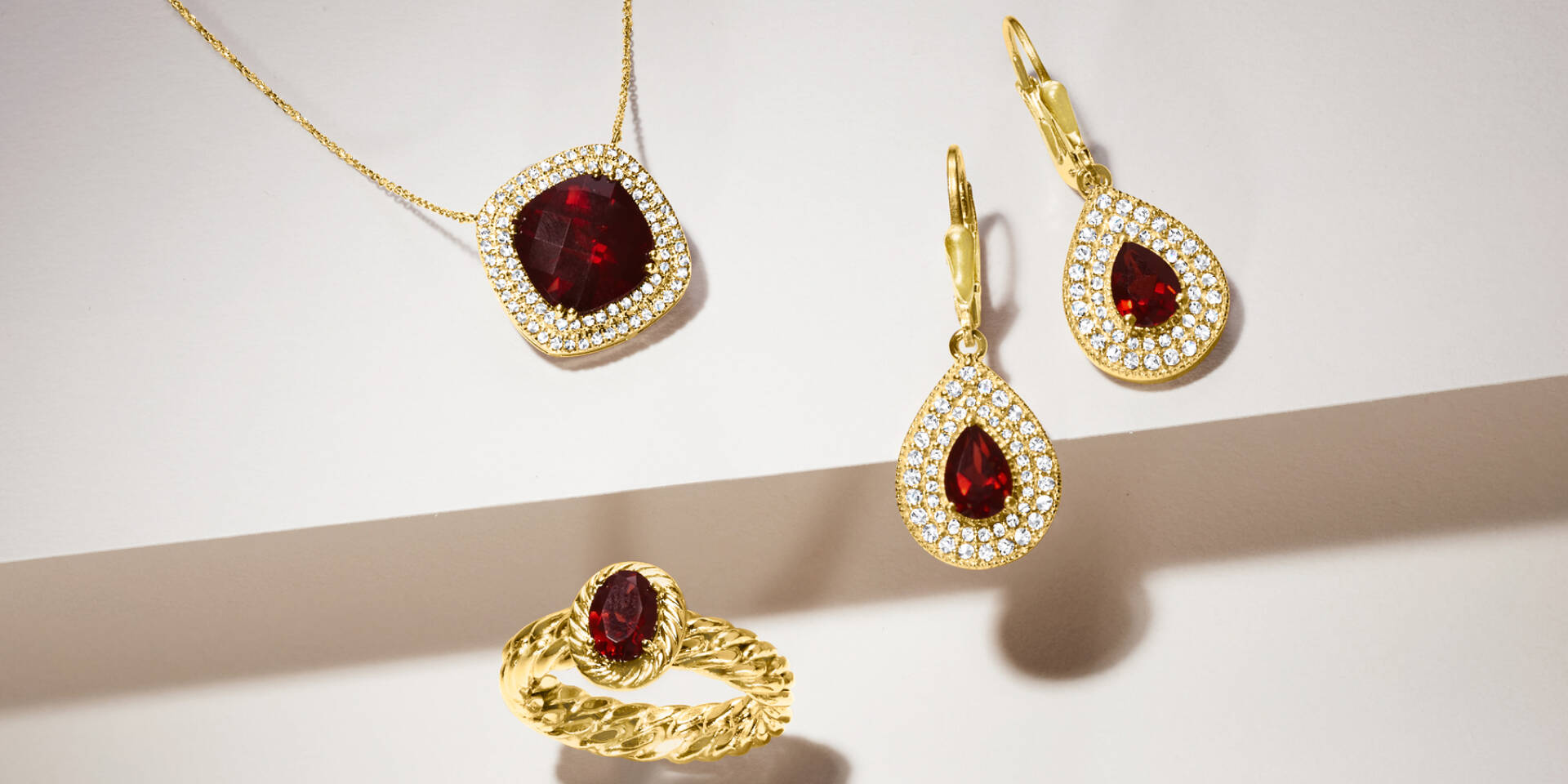 Gold Garnet Necklace, Earrings, and Ring