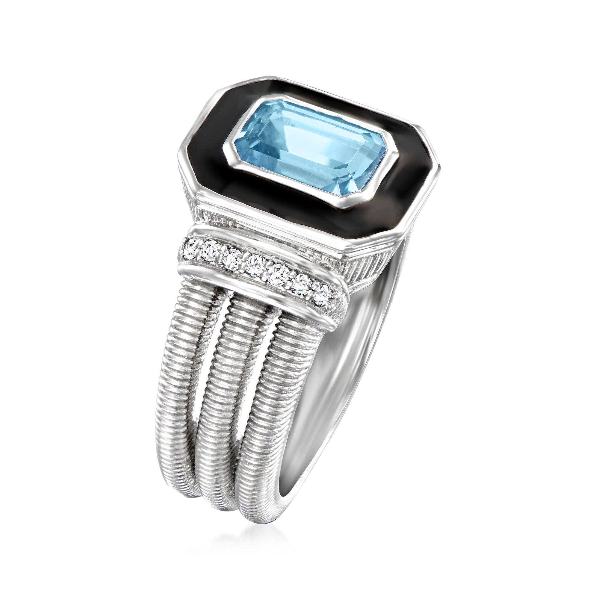 Judith Ripka Adrienne 1.90 Carat Swiss Blue Topaz Ring with .11 ct. t.w. Diamonds and Black Enamel in Sterling Silver