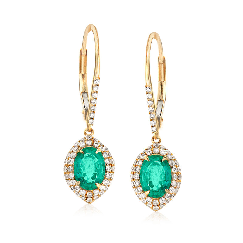 1.60 ct. t.w. Emerald and .50 ct. t.w. Diamond Drop Earrings in 14kt Yellow Gold image number 0