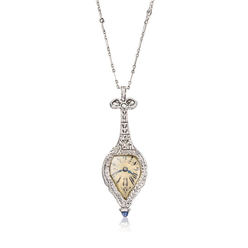 C. 1930 Vintage 1.06 ct. t.w. Diamond and .20 ct. t.w. Sapphire Watch Pendant Necklace in Platinum and 14kt White Gold. 20" image number 2