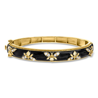 1.40 ct. t.w. White Topaz and Black Enamel Bumblebee Bangle Bracelet in 18kt Gold Over Sterling