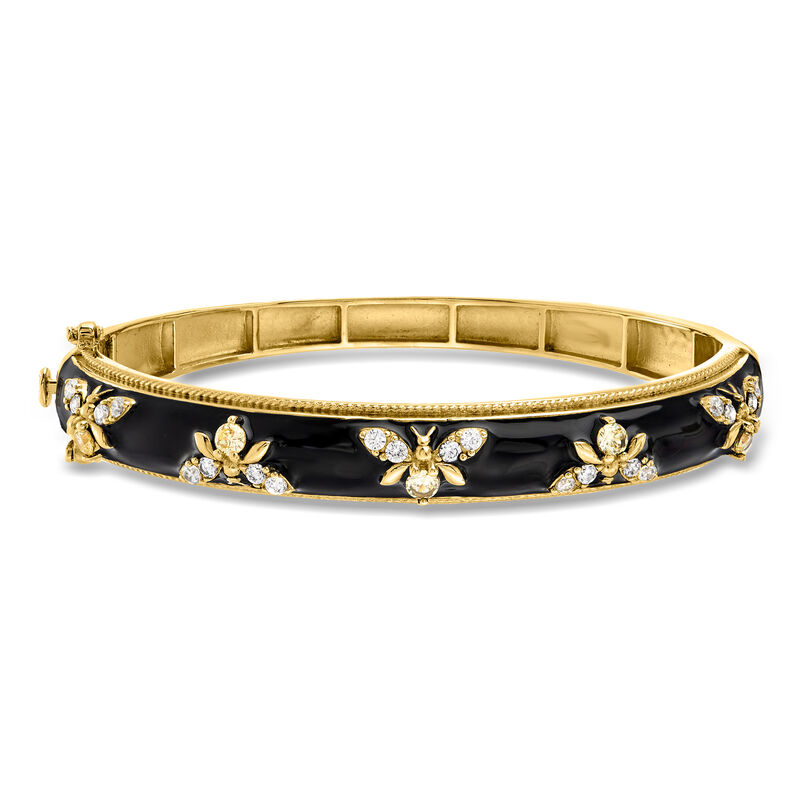 1.40 ct. t.w. White Topaz and Black Enamel Bumblebee Bangle Bracelet in 18kt Gold Over Sterling image number 0